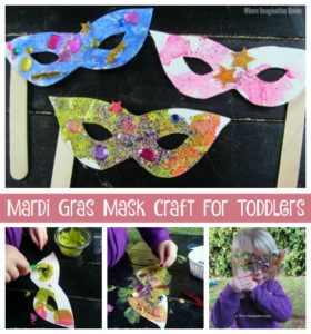 Mardi Gras mask craft for toddlers & preschoolers! A fun craft that uses glitter and gems to make colorful masks!