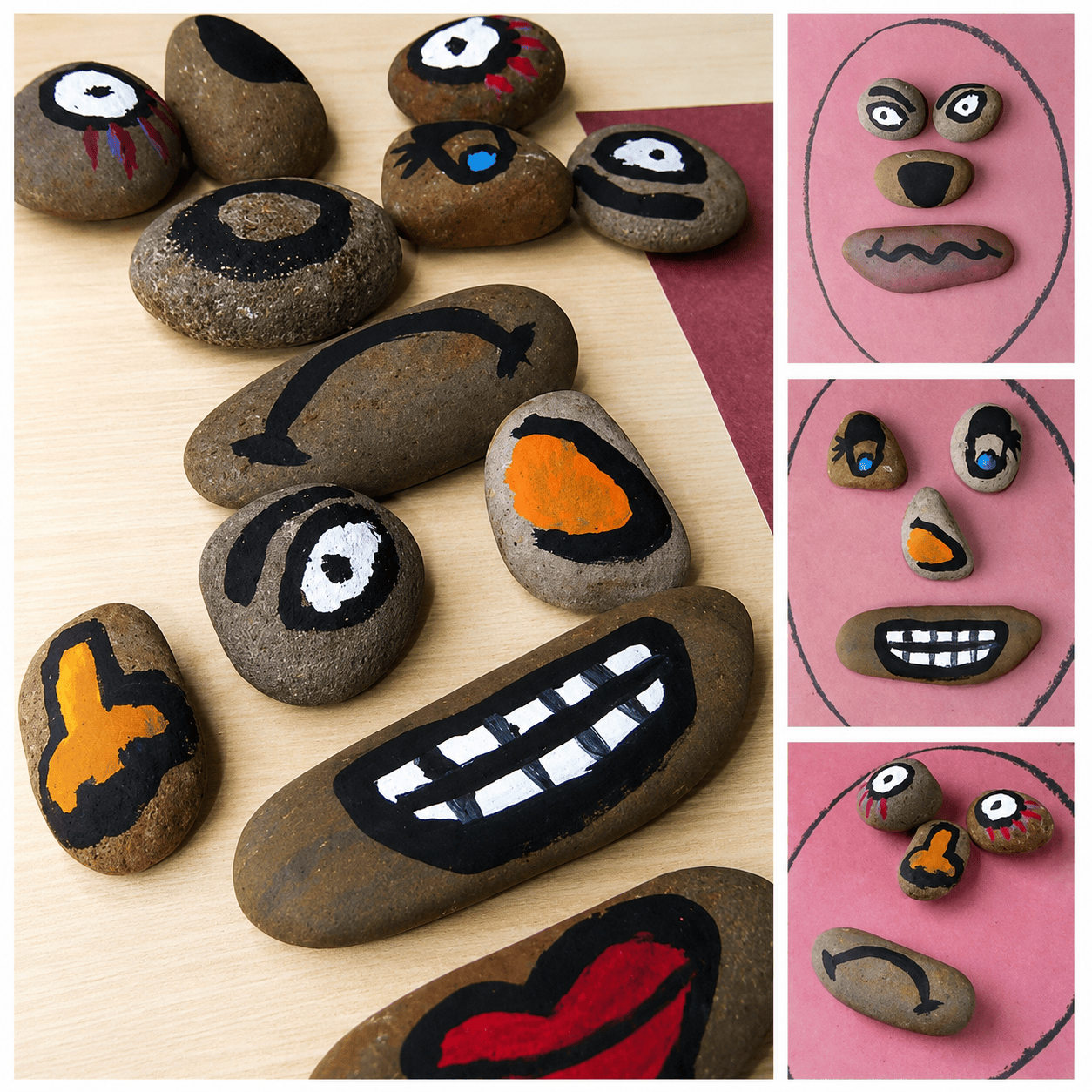 DIY Emotions Story Stones: An Easy Social-Emotional Learning Activity for Preschoolers Rocks with eyes, noses, and mouths painted on them are arranged into different facial expressions, like sad or angry. An activity for children to learn emotions