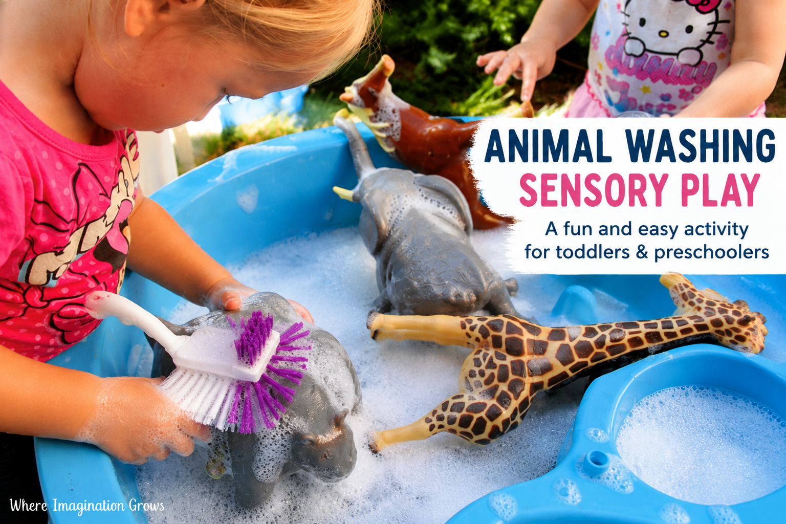 fun animal washing sensory bin for toddlers and preschoolers using toy animals, bubbles, brushes, and water. Easy sensory play activity for home or preschool.