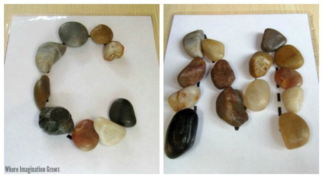 Simple preschool letter recognition practice using rocks! A fun learning activity using loose parts and a free printable