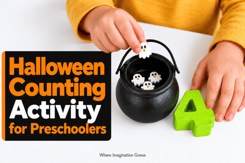 Preschool Halloween counting activity with ghost erasers, number blocks, and mini pumpkin buckets