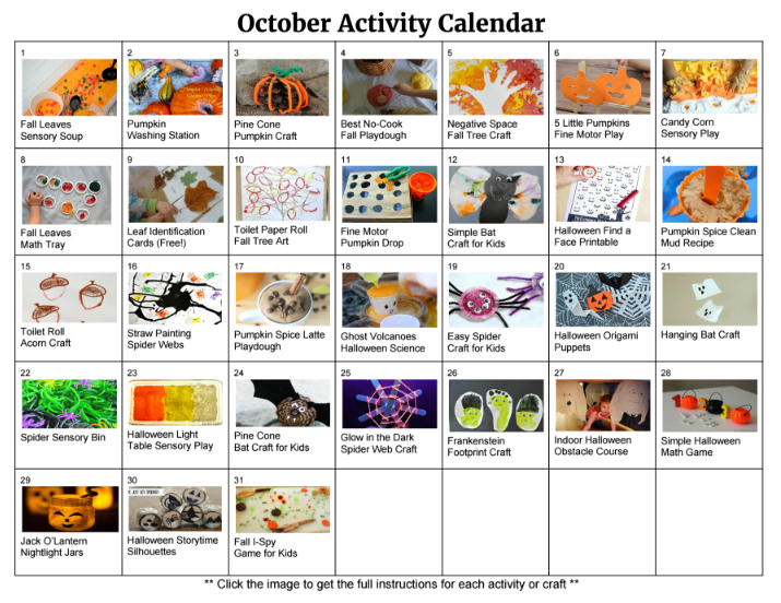 October preschool activity calendar with 31 fall and Halloween crafts and learning activities