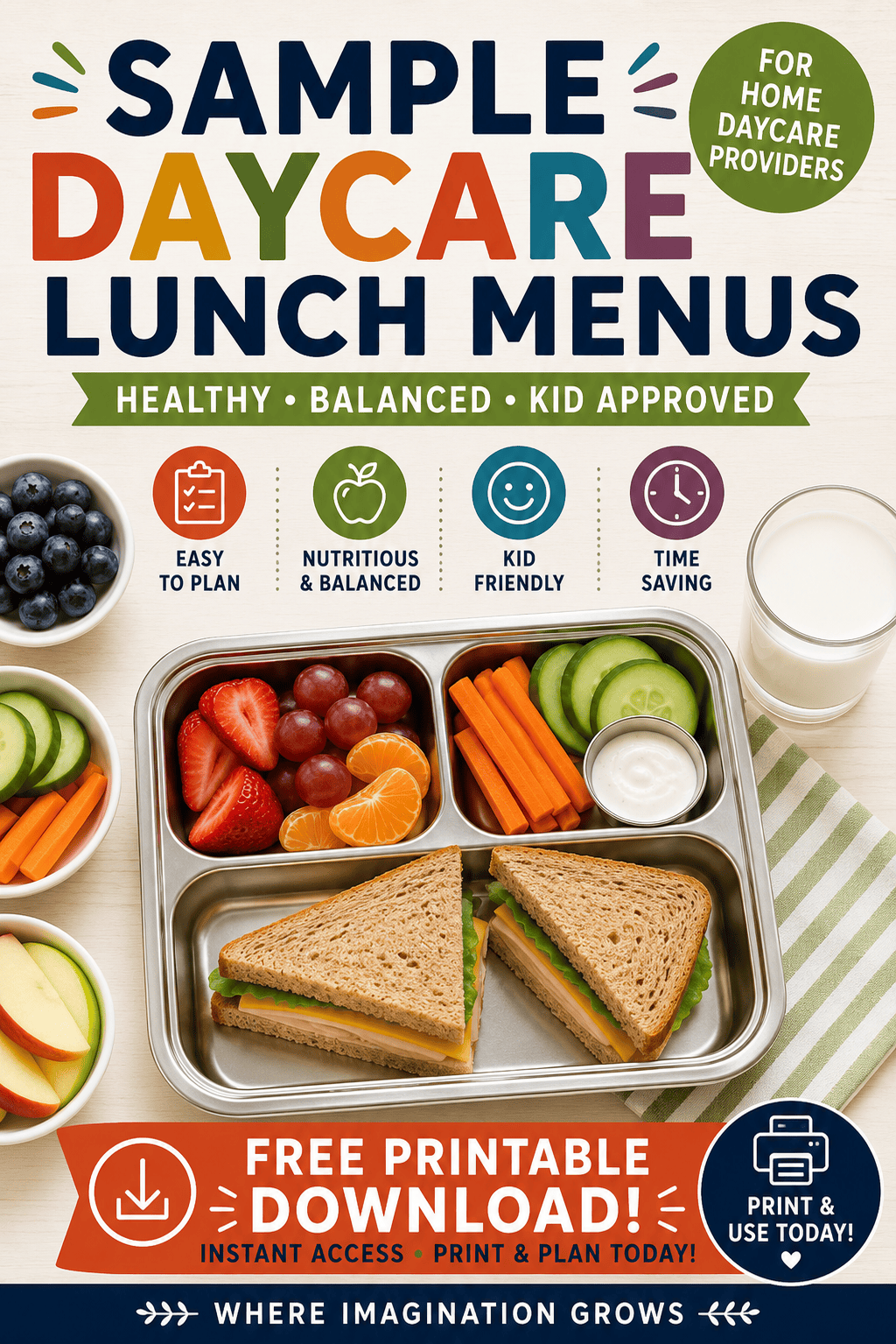 Looking for easy home daycare lunch ideas? 🍎 Download these FREE Sample Daycare Lunch Menus with 12 weeks of healthy, kid-approved meals for toddlers and preschoolers. Perfect for home daycare providers, childcare centers, and preschool classrooms. Save time with simple meal planning!