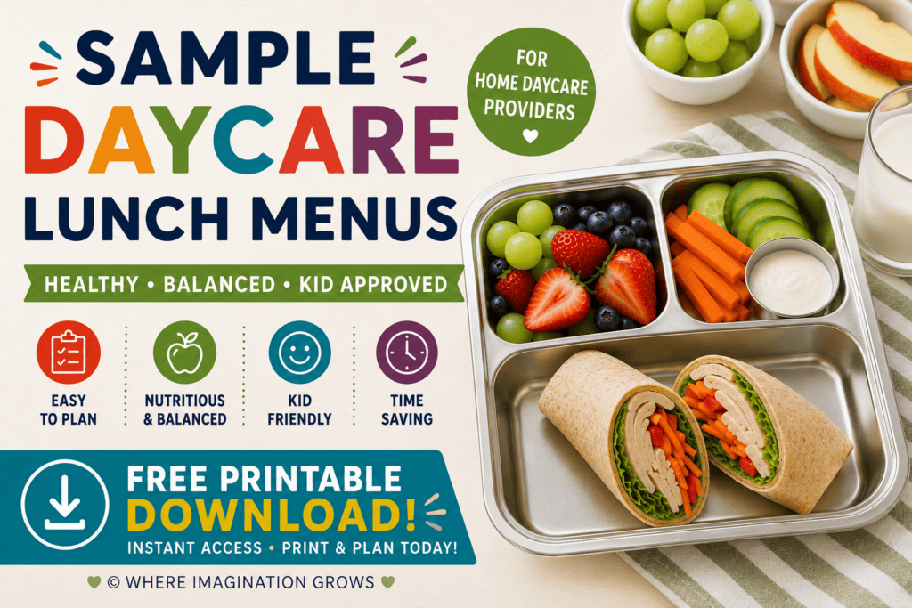 Download a Sample 3 month menu for Home Daycare! Lunch and snack!