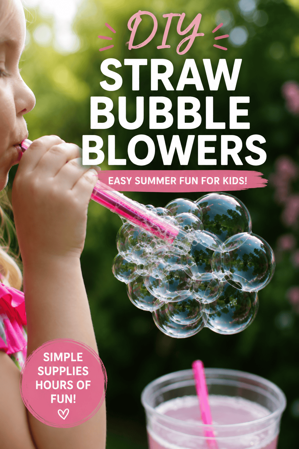 Simple summer craft for kids! Turn straws into bubble blowers! Images showing child using straws to blow bubbles