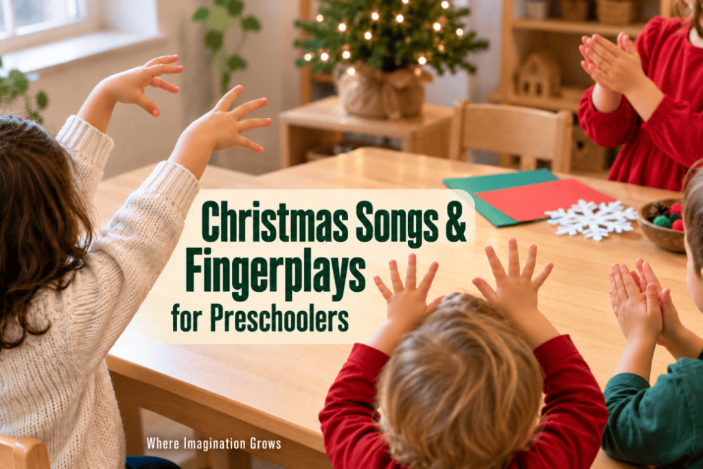 Christmas fingerplays and action songs for preschoolers during holiday circle time.