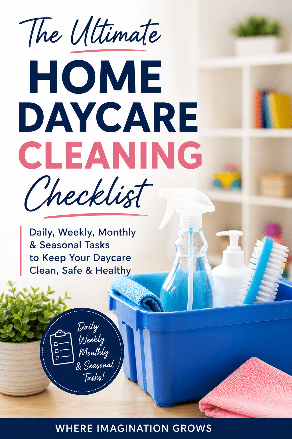 Running a home daycare is busy enough, don't let cleaning become overwhelming! 🧼 Download this FREE Home Daycare Cleaning Checklist with daily, weekly, monthly, and seasonal cleaning tasks to help keep your childcare program clean, organized, and healthy all year long. Plus, learn the difference between cleaning, sanitizing, and disinfecting, get illness outbreak cleaning tips, and grab your free printable! #HomeDaycare #ChildcareProvider #DaycareCleaning #HomeDaycareTips #FamilyChildCare #ChildcareBusiness #DaycareOrganization #ECE