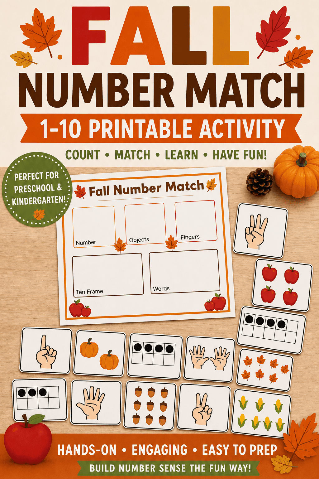 Fall Number Match Printable (1–10) for Preschool & Kindergarten