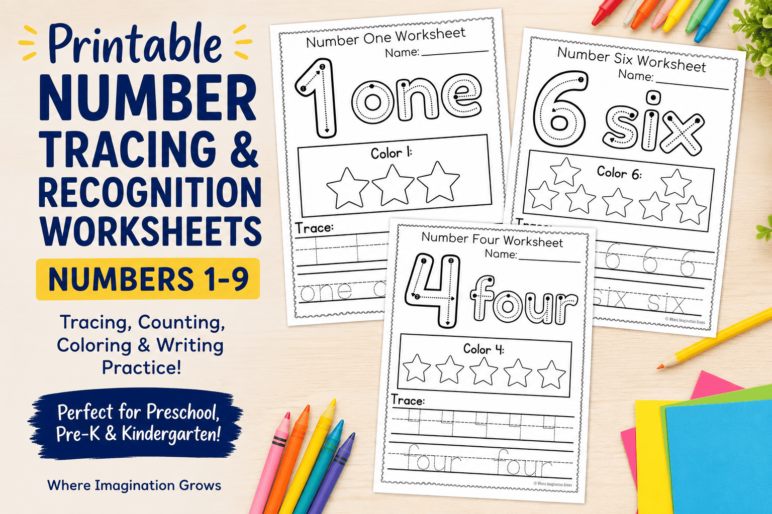 Number Tracing & Recognition Worksheets (1–9) for Preschoolers! No-Prep!