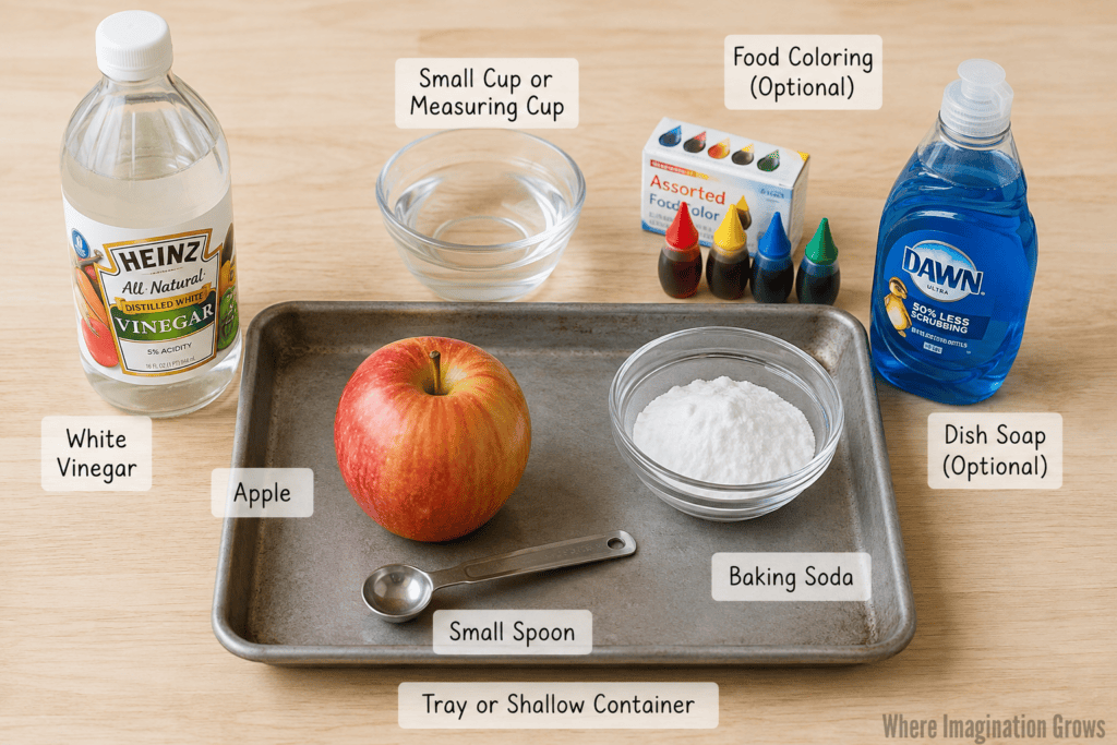 Supplies for Preschool Apple Volcano Science Experiment