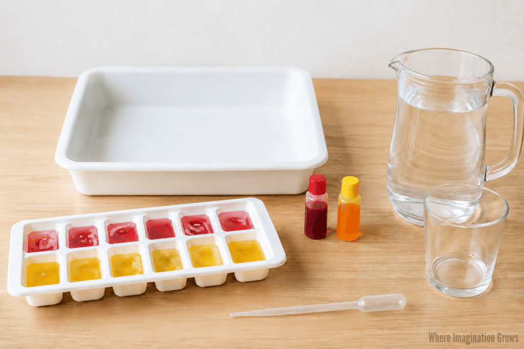 Supplies for Preschool Ice Color Mixing Experiment