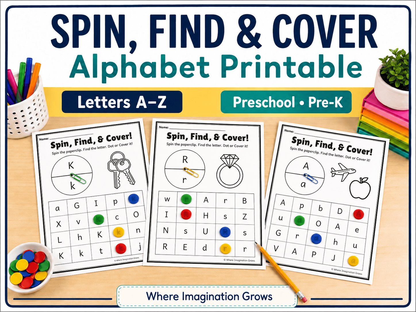 Spin, Find & Cover Alphabet Printable | Letter Recognition Activity A-Z