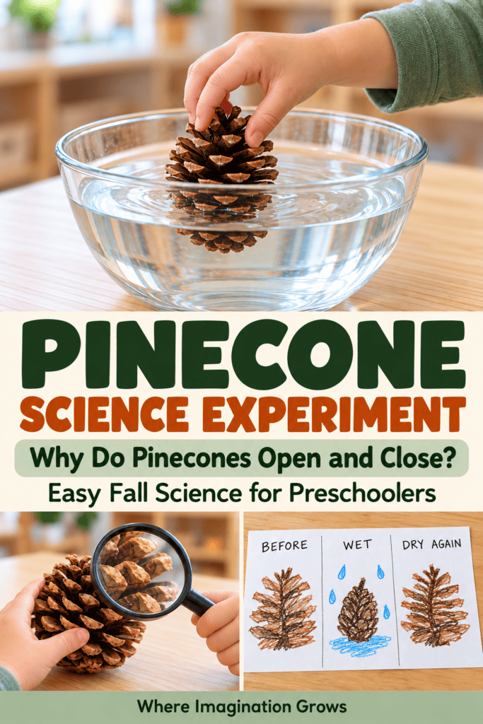 Pinecone Science Experiment: Why Do Pinecones Open and Close? Wet and dry pinecones used for a pinecone science experiment for preschoolers